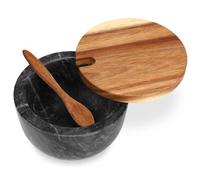 HESHIBI Marble Salt Cellar Box with Wood Lid & Spoon, Modern Black Stone Salt or Pepper Sugar Spice Seasoning Bowl Container Jar Holder Well Keeper Dish Pig Crock for Kitchen, HSBSC-201