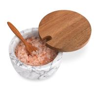 HESHIBI Marble Salt Cellar Box with Wood Lid & Spoon, Modern White Stone Salt or Pepper Sugar Spice Seasoning Bowl Container Jar Holder Well Keeper Dish Pig Crock for Kitchen