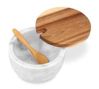 HESHIBI Marble Salt Cellar Box with Wood Lid & Spoon, Modern White Stone Salt or Pepper Sugar Spice Seasoning Bowl Container Jar Holder Well Keeper Dish Pig Crock for Kitchen