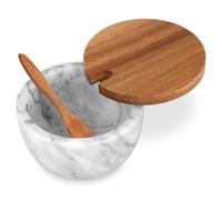 HESHIBI Salt Cellar Box with Lid & Spoon, Modern White Stone Salt or Pepper Sugar Spice Seasoning Bowl Container Jar Holder Well Keeper Dish Pig Crock for Kitchen (White Grey Marble Bowl)