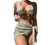 HESHS Bikini Set for Women Three Piece Set with Tight Tummy Charming Swimsuits Triangle Halter Tie Swimsuit Fashion V Neck Bathing Suit Beachwear,Blue,S