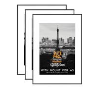 Hesmor A2 Aluminum Acrylic Picture Frames in Black - A2 Photo Frames 16.5 x 23 inch Size Black Pictures Frames with Clear Plexiglass for Wall Mounting, Set of 3 Poster Frames with Mat for A3