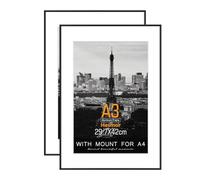 Hesmor A3 Picture Frame Aluminum Acrylic in Black, A3 Photo Frames 12 x 16.5 inch/29.7 x 42 cm Size A3 Frame with Clear Plexiglass for Wall Mounting, Set of 2 A3 Poster Frame with Mount for A4 Print