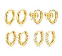 HESSAWELL Gold Hoop Earrings For Women Lightweight Huggie Hoops Hypoallergenic Multistyled Bow, Twist, Glossy and Zirconia Gold Earrings Set for Women Fashion Jewelry (4 Pairs)