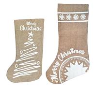 Hessian Christmas Stockings Pack of 2 - Burlap Santa Sacks with Scribble Tree Design in 60cm & XL 90cm Sizes - Rustic Holiday Decoration & Present Holders
