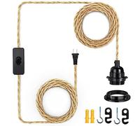 HESSION Rattan Wrapped Extension Hanging Lantern, Plug-in Pendant Light with Hemp Cord - 15ft, E26/E27 Compatible Vintage Fabric Lamp - Ideal for Rustic and Boho Style Decor