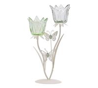 Hestia 2 Stem Candle Holder With Green Glass And Butterflies On Matte Off White Base White One Size