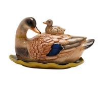 Hestia Glazed Mallard Duck and Duckling Butter Dish 3D Ceramic Figurine, Lily Pad Design