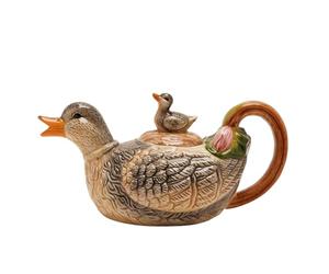 Hestia Glazed Mallard Duck and Duckling Tea Pot 3D Ceramic Duck Figurine