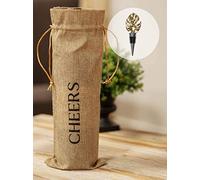 Hestia Home Collection Hessian Bottle Bag with Wine Stopper Gift Set - Monstera Tropical Leaf