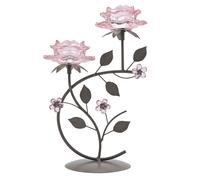 Hestia Pink Glass Rose 2 Stem Candle Holder On Taupe Base Hestia Pink