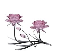 Hestia Pink Glass Rose 2 Stem Candle Holder With 2 Tone Black And Silver Base Pink
