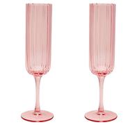 Hestia Set Of 2 Bright Pink Scalloped Glass Champagne Flutes Pink