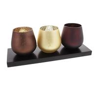 Hestia Set of 3 Warm Browns and Gold Glass Tea Light Holders On Wooden Plinth