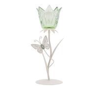 Hestia Single Stem Candle Holder With Green Glass And Butterflies On Matte Off White Base White One Size
