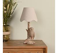 Hestia Wood Effect Resin Owl Table Lamp With Scalloped Shade in Brown Hestia Brown