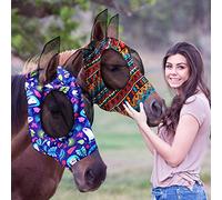 Hestya 2 Pieces Horse Fly Masks for Horses Soft Fly Masks for Horses with Ears Smooth and Elasticity Fly Mask with UV Protection(Tribal Grid Patterns,M)
