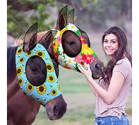 Hestya 2 Pieces Horse Fly Masks for Horses Soft Fly Masks for Horses with Ears Smooth and Elasticity Fly Mask with UV Protection(Flower Patterns,M)