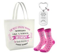 Hestya 3 Pcs Birthday Gifts Set for Mum Mummy Mother Her from Daughter Son | Mummy Keyring Socks Tote Bag Set, Thank You Present for Christmas, Mothers Day, Valentines for Mother in Law, Her