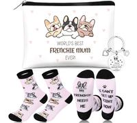 Hestya 3 Pcs Frenchie Lovers Gifts World's Best Frenchie Mum Ever Cosmetic Bag Keyring Pug Retriever Socks for Women Funny Dog Lover Birthday Christmas Gifts