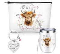 Hestya 3 Pcs Highland Cow Gift Set for Women, Including 1 Highland Mug 1 Keyrings 1 Cattle Makeup Bag, Just a Girl Who Loves Gifts for Animal Cow Lover Women