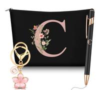 Hestya 3 Pcs Personalised Gifts with Initial Floral Letter for Women Include Makeup Bag Keychain Ballpoint Pen Gifts for Mom Friend Bride Bridesmaid Office Birthday(Letter C,Black,Metal)