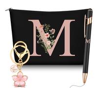 Hestya 3 Pcs Personalised Gifts with Initial Floral Letter for Women Include Makeup Bag Keychain Ballpoint Pen Gifts for Mom Friend Bride Bridesmaid Office Birthday(Letter M,Black,Metal)