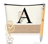 Hestya 3 Pcs Personalised Gifts with Initial Floral Letter for Women Include Makeup Bag Keychain Ballpoint Pen Gifts for Mom Friend Bride Bridesmaid Office Birthday(Letter A,White,Wooden)