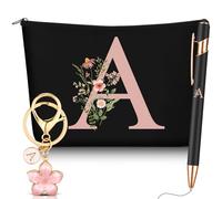 Hestya 3 Pcs Personalised Gifts with Initial Floral Letter for Women Include Makeup Bag Keychain Ballpoint Pen Gifts for Mom Friend Bride Bridesmaid Office Birthday(Letter A,Black,Metal)