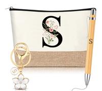 Hestya 3 Pcs Personalised Gifts with Initial Floral Letter for Women Include Makeup Bag Keychain Ballpoint Pen Gifts for Mom Friend Bride Bridesmaid Office Birthday (Letter S,White,Wooden)