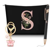 Hestya 3 Pcs Personalised Gifts with Initial Floral Letter for Women Include Makeup Bag Keychain Ballpoint Pen Gifts for Mom Friend Bride Bridesmaid Office Birthday(Letter S,Black,Metal)