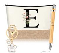Hestya 3 Pcs Personalised Gifts with Initial Floral Letter for Women Include Makeup Bag Keychain Ballpoint Pen Gifts for Mom Friend Bride Bridesmaid Office Birthday(Letter E,White,Wooden)