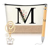 Hestya 3 Pcs Personalised Gifts with Initial Floral Letter for Women Include Makeup Bag Keychain Ballpoint Pen Gifts for Mom Friend Bride Bridesmaid Office Birthday(Letter M,White,Wooden)