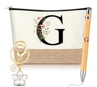 Hestya 3 Pcs Personalised Gifts with Initial Floral Letter for Women Include Makeup Bag Keychain Ballpoint Pen Gifts for Mom Friend Bride Bridesmaid Office Birthday(Letter G,White,Wooden)