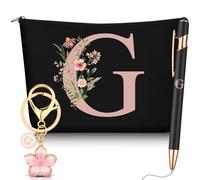Hestya 3 Pcs Personalised Gifts with Initial Floral Letter for Women Include Makeup Bag Keychain Ballpoint Pen Gifts for Mom Mothers Day Friend Bride Bridesmaid Office Birthday(Letter G,Black,Metal)