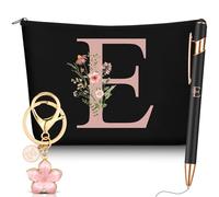 Hestya 3 Pcs Personalised Gifts with Initial Floral Letter for Women Include Makeup Bag Keychain Ballpoint Pen Gifts for Mom Friend Bride Bridesmaid Office Birthday(Letter E,Black,Metal)