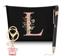 Hestya 3 Pcs Personalised Gifts with Initial Floral Letter for Women Include Makeup Bag Keychain Ballpoint Pen Gifts for Mom Friend Bride Bridesmaid Office Birthday(Letter L,Black,Metal)
