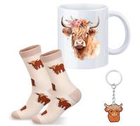 Hestya 3 Pieces Highland Cow Gift Set for Women Include 1 Ceramic Mug, 1 Pair of Socks, 1 Keyring and a Pink Present Box for Cow Birthday Animal Themed Party and Scottish Gifts