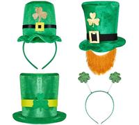 Hestya 4 Pcs St Patrick's Day hat set 2 Irish Fancy Dress Beard Velvet Shamrock Pattern Hat 2 Green Novelty Boppers Hat Shamrock headband for Adult Parade Ireland Party Favors