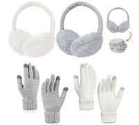 Hestya 4 Pcs Winter Fluffy Plush Ear Muffs Thermal Touch Screen Winter Gloves Warm Wind Cold Weather Running Skiing Driving Gloves for Women Foldable Ears Cover for Adult Outdoor Sport (White Gray)