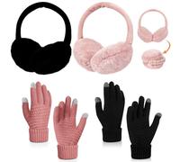 Hestya 4 Pcs Winter Fluffy Plush Ear Muffs Thermal Touch Screen Winter Gloves Warm Wind Cold Weather Running Skiing Driving Gloves for Women Foldable Ears Cover for Adult Outdoor Sport (Pink, Black)