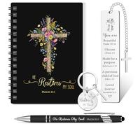 Hestya 4pcs Christian Gifts Including Portable Christian Spiral Notebook, Bible Keychain, Ballpoint Pen, Verse Bookmark Christmas Inspirational Religious Gifts for Teacher(He Restones My Souls)