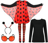 Hestya 5 Pack Halloween Women Ladybug Costume Set with Cosplay Ladybug Wing Dress Headband Glasses Long Sleeve Top Socks (Large)