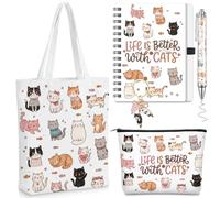 Hestya 5 Pcs Cute Cat Gifts Set for Women Include Keychain Canvas Tote Bag Cat Lover Zipper Makeup Bag Notebook Pen for Women Kitten Party Favors Birthday Gift for Christmas