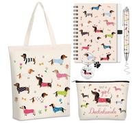 Hestya 5 Pcs Dachshund Gifts Set for Women Include Keychain Canvas Tote Bag Animal Lover Zipper Makeup Bag Notebook Pen for Women Dachshund Party Favors Birthday Gift for Christmas