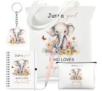 Hestya 5 Pcs Elephant Gift Set for Women, Tote Bag Cosmetic Bag Pink Pen | Canvas Tote Cosmetic Pouch Notebook Keychain Ballpoint Pen, Just a Girl Who Loves Elephant, Daily Essentials for Women Girls
