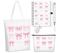 Hestya 5 Pcs Gifts Set for Women Include Keychain Canvas Tote Bag Animal Lover Zipper Makeup Bag Notebook Pen for Women Party Favors Birthday Gift for Christmas(Bow,White)