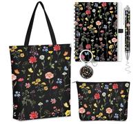 Hestya 5 Pcs Gifts Set for Women Include Keychain Canvas Tote Bag Animal Lover Zipper Makeup Bag Notebook Pen for Women Party Favors Birthday Gift for Christmas(Wildflower,Black)