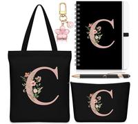 Hestya 5 Pcs Initial Tote Bag Gift Set, Makeup Bag + Shoulder Bags + Keyring + Notebook + Ballpoint Pen, Alphabet Theme Practical Gift for School Birthday Christmas(Black,Letter C)