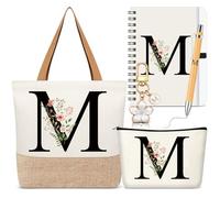 Hestya 5 Pcs Initial Tote Bag Gift Set, Makeup Bag + Shoulder Bags + Keyring + Notebook + Ballpoint Pen, Alphabet Theme Practical Gift for School Birthday Christmas(White,Letter M)